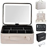Faquenc Leather Makeup Case with LED Lighted Mirror 11.4 Inch Travel Makeup Bag Adjustable Brightness in 3 Colors Cosmetic Organizer Artist Storage Bag with Dividers Brush Holder Bag Vanity Pale Gold