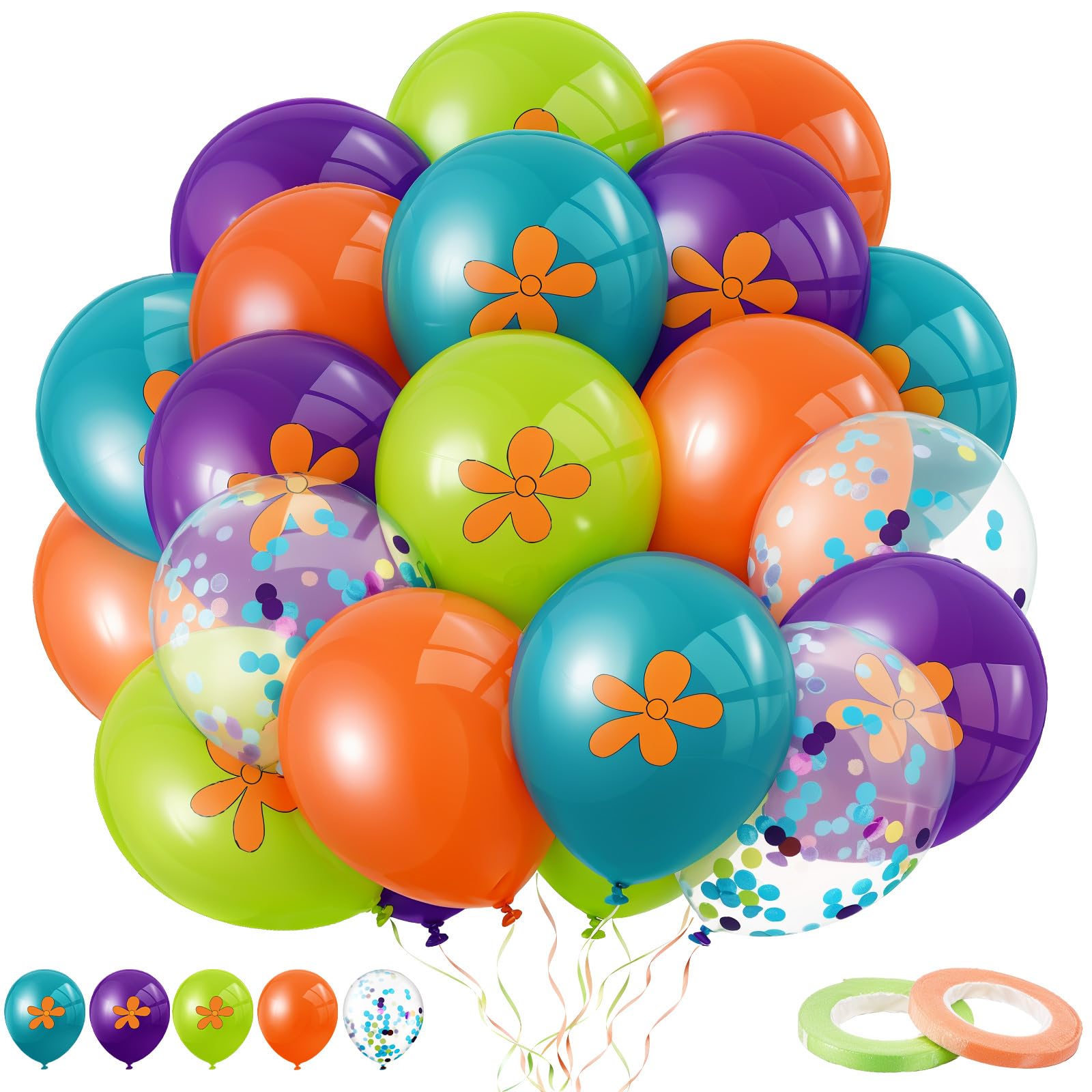 Photo 1 of Civaner 63 Pcs Cartoon Dog Birthday Party Decorations 12 Inch Blue Orange Purple Green Latex Balloons Flower Print Transparent Balloons for Car Hippie or Dog Themed Birthday Party Supplies