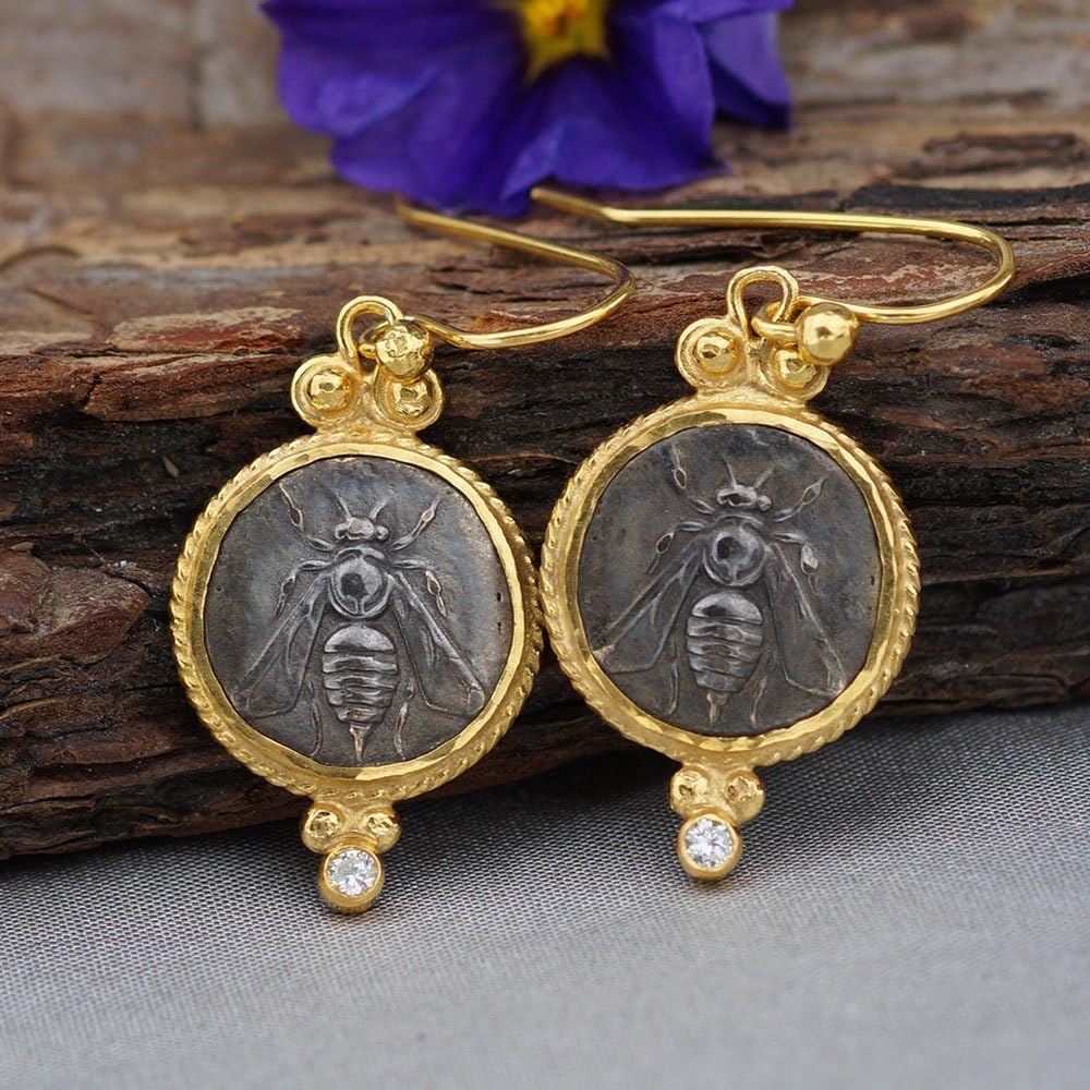 925 k Sterling Blackened Bee Coin Hook Earrings with White Topaz Turkish Jewelry Gold Plated