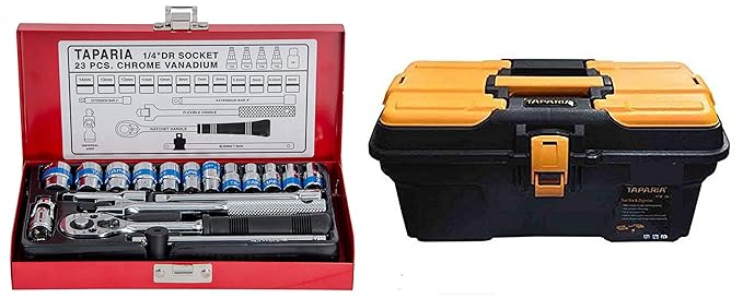 Taparia Plastic Tool Box with Organizer (PTB16) Black: Orange & S1/4H 1/4-Inch Square Drive Socket Set Combo