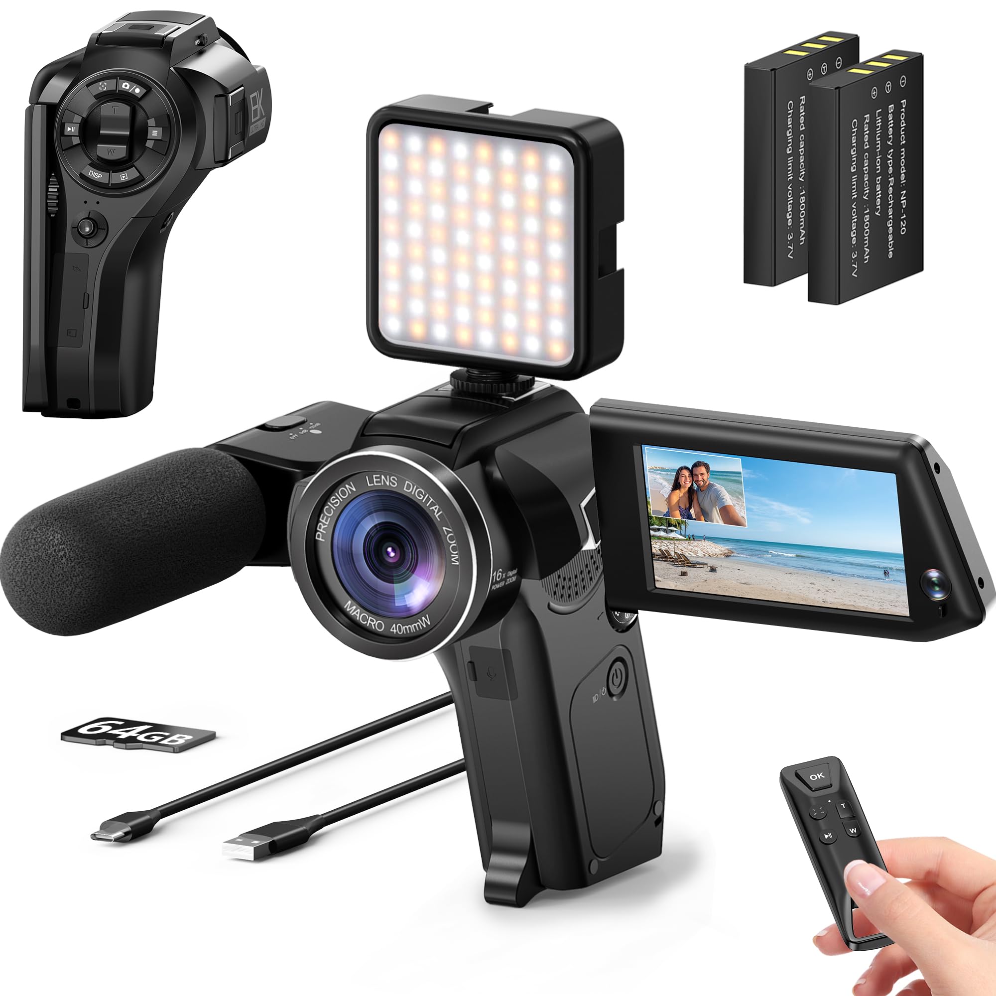 Photo 1 of Yatao 8K Video Camcorder - 75MP Vlogging Camera with Dual View Recording, WiFi, 16X Zoom, Handheld Design, 270° Flip Screen. Includes 64GB Card, Microphone, Fill Light & Remote Control