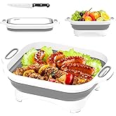 Collapsible Cutting Board, HI NINGER Chopping Board with Towel Kitchen Foldable Camping Dishes Sink Space Saving 3 in 1 Multifunction Storage Basket for BBQ Prep/Picnic/Camping (Grey)