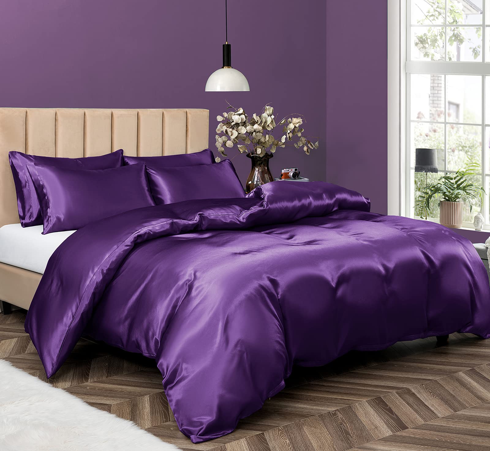 View 1 of *USED*
P Pothuiny 5 Pieces Satin Duvet Cover Set, Luxury Silky Like Purple Duvet Cover Bedding Set with Zipper Closure, 1 Duvet Cover + 4 Pillow Cases (No Comforter)