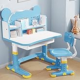 Xaperexi Kids Desk and Chair Set, Height Adjustable Child's School Study Writing Tables, Kids Desk with Bookstand and Storage Drawer, Widened Desktop with Desktop for Boys and Girls (Blue-F)