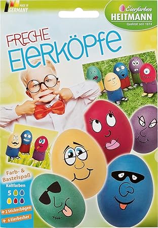 Heitmann Eierfarben - Freche Eierköpfe - Färbetabletten, Sticker und Eierbecher zum Basteln - für weiße und braune Eier