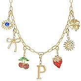 Initial Charm Necklace for Women, Evil Eye Four-Leaf Clover Sun Bow Cherry Strawberry Removable Charms Necklace Paper Clip Chain Choker, Trendy Jewelry Birthday Christmas Gifts for Her (Letter P )