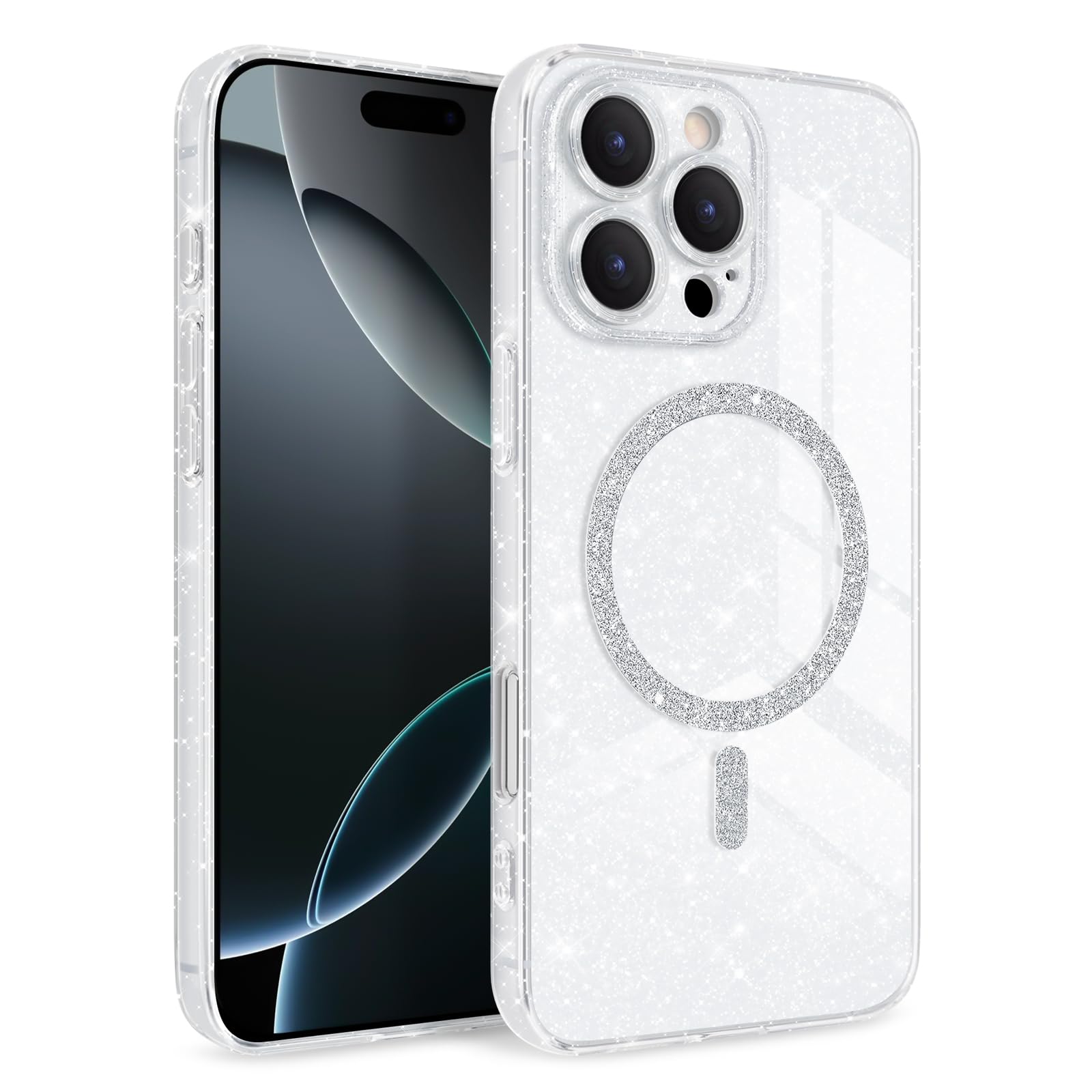Newseego Glitter Clear Case for iPhone 16 Pro Max [Compatible with MagSafe], Magnetic Phone Case Girls Women Sparkly Bling Slim Shockproof Camera Protection Bumper Cover for iPhone 16 Pro Max-White