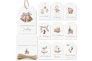 AUDREE 50 Pcs Christmas Gift Tags with String - Cozy Holiday Gift Tags for Xmas Presents - Christmas Name Tags for Gifts - Hanging Labels Decoration Xmas Winter Holiday Present DIY Crafts