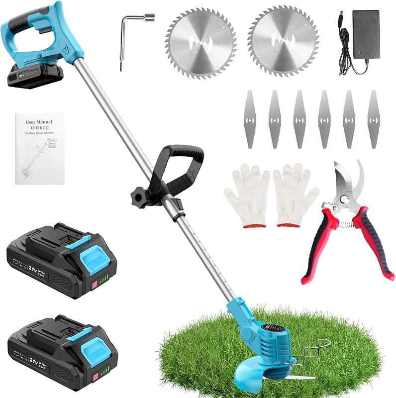 Desbrozadora Bateria 21V, Desbrozadora Electrica con 2 Baterías 2.0Ah, 2 Tipos de Metal Cuchillas Cortabordes Bateria, Tijeras de Podar, Desbrozadora Inalámbrica Cabeza Ajustable para Jardín (Azul)