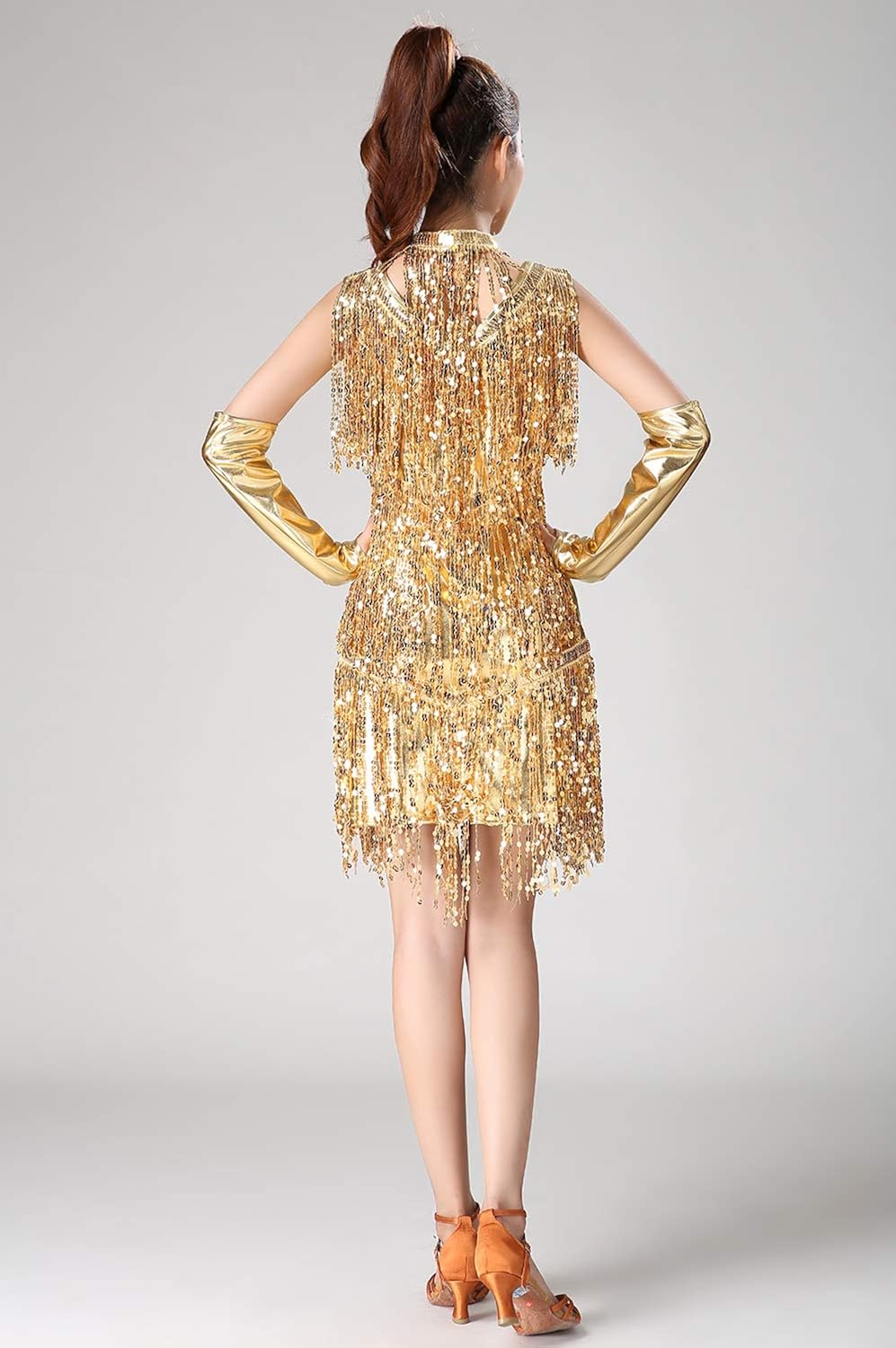 ZX 1920s Inspired Sequin Fringe Sleeveless V Neck Flapper Party Dance Dress 4 Pieces Outfits (7 Colors): Clothing