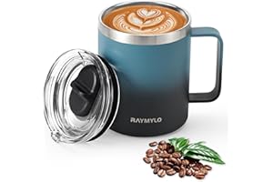 RAYMYLO Insulated Coffee Mug 12 oz, Double Wall Stainless Steel Coffee Mug with Lids, Leak-Proof & Detachable Slider Lid for 
