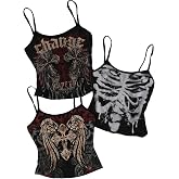 SOLY HUX Women's Y2k Goth Tops 3 Packs Graphic Crop Tank Grunge Shirts | Spaghetti Strap Camisole, Alt Clothes, Gothic Clothes