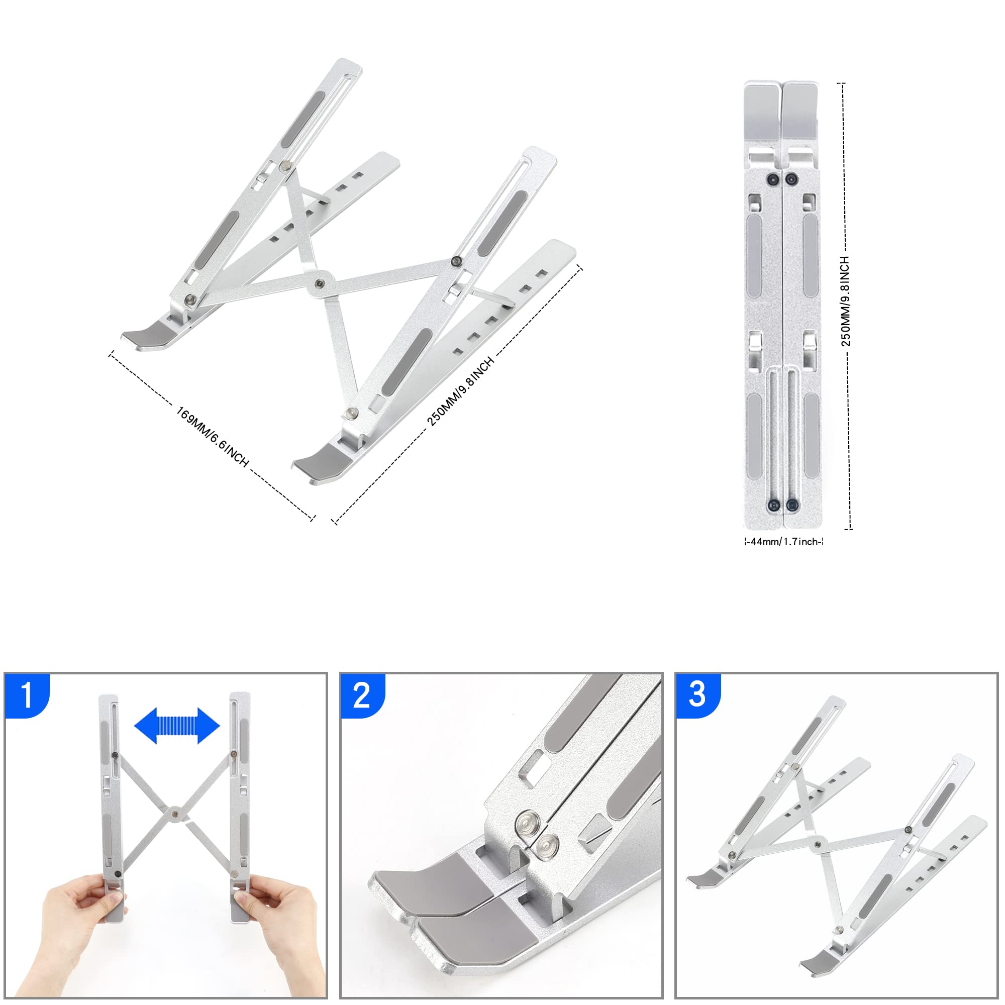 BONFOTO Laptop Stand for Desk, Adjustable Aluminum Foldable Portable Notebook Stand,Compatible with MacBook Air Pro, HP, Lenovo, Dell, More 10-15.6” Laptops and Tablets(Silver)