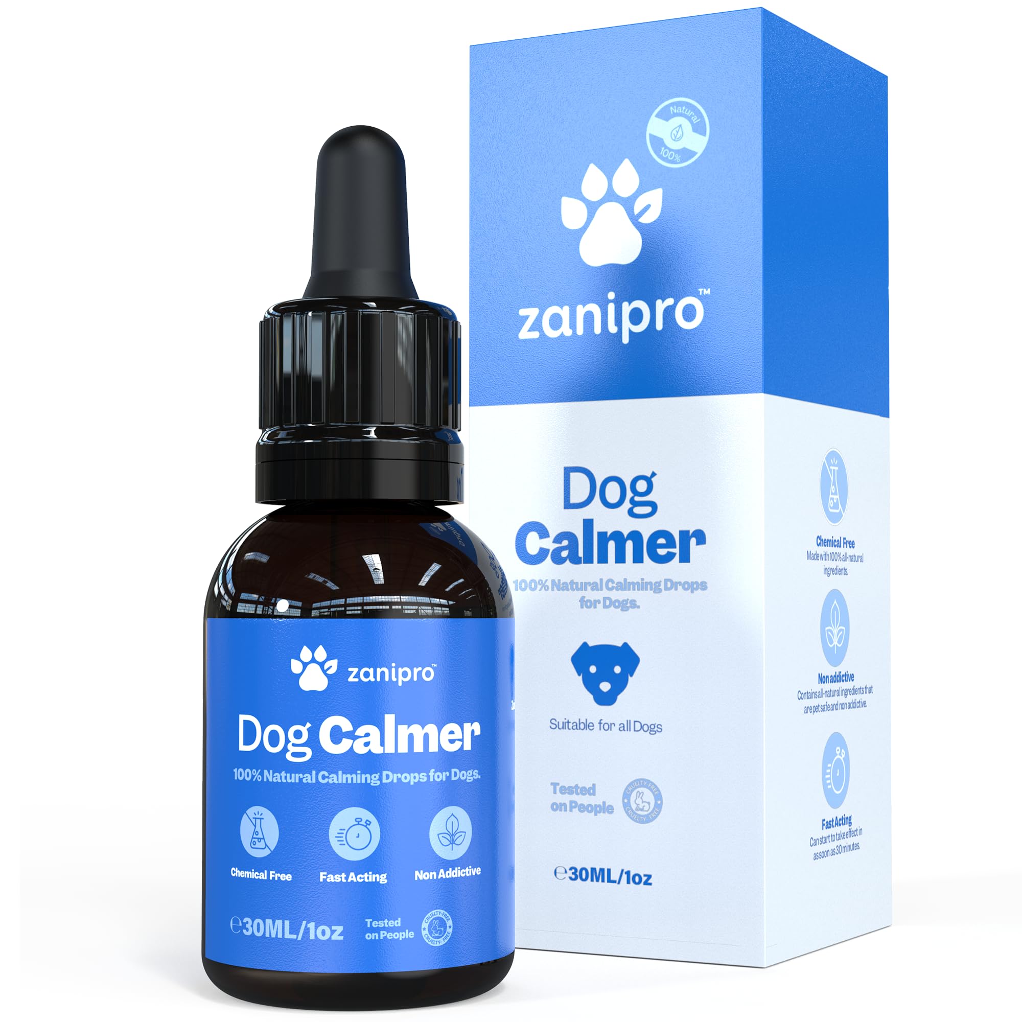 Zanipro Dog Calming Drops, Stress & Anxiety Treatment for Dogs, Valerian & Ashwagandha Compound, Travel, Separation & Fireworks Remedy, 100% Natural, 30ml