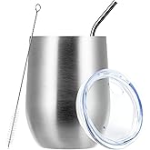 MEWAY Stemless 12oz Wine Tumbler Glasses with Lid -Insulated Double Wall Vacuum Stainless Steel Travel Tumbler with Straw,for Woman Under 10 dollars (Silver,1)