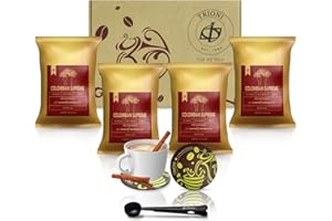Colombian Coffee Sampler Gift Set Includes Four (4x2.5oz) Ground Coffee Medium Roast Individual Coffee Packets with Cinnamon Sticks, Coaster, Clip and Spoon. Coffee Gifts for Coffee Lovers by TRIONI