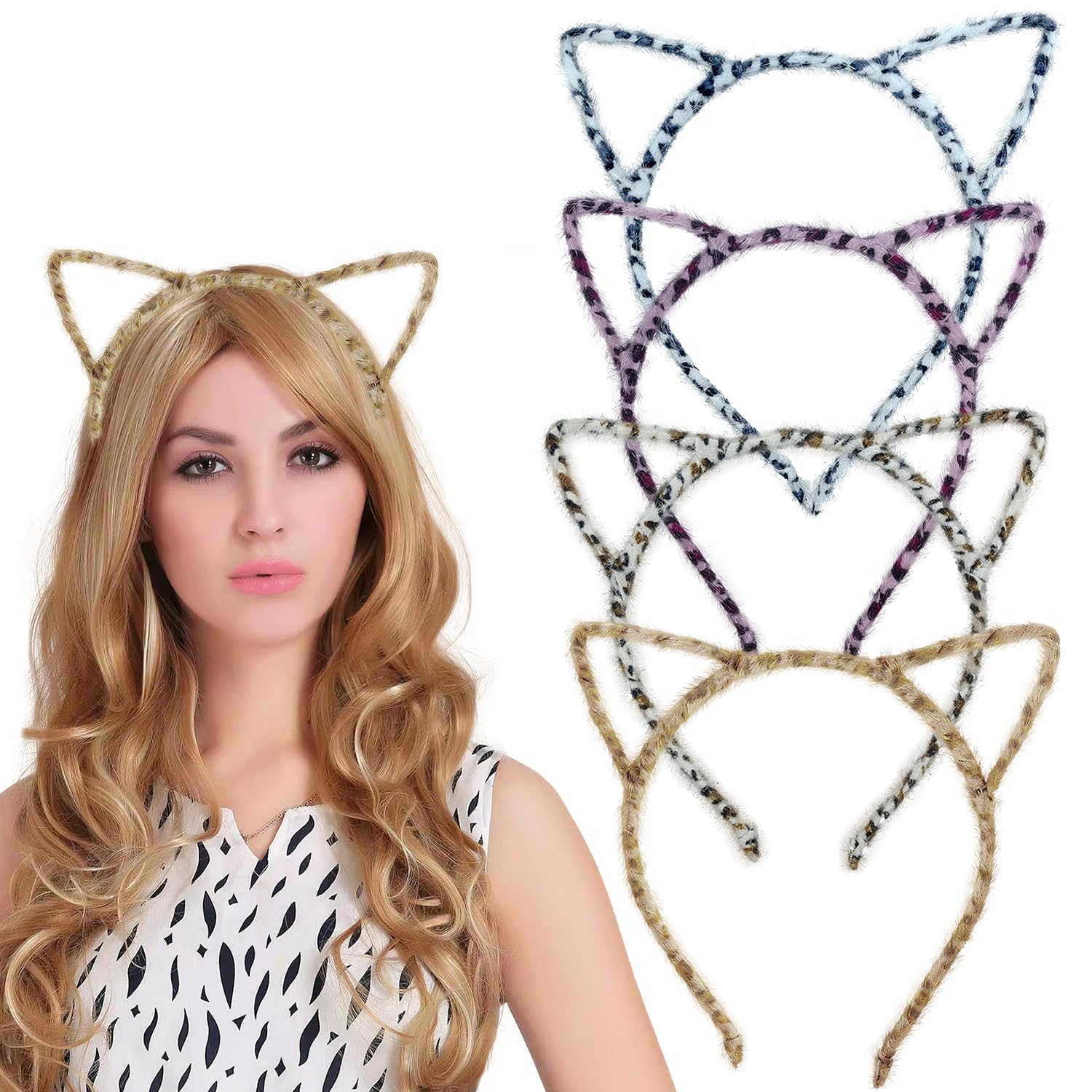 Auswalar 4 PCS Cat Ear Headband Furry Cat Ears Hair Bands Hair Hoop Headband,Halloween Leopard Hair Bands For Fancy Dress Cosplay Party and Daily Decoration