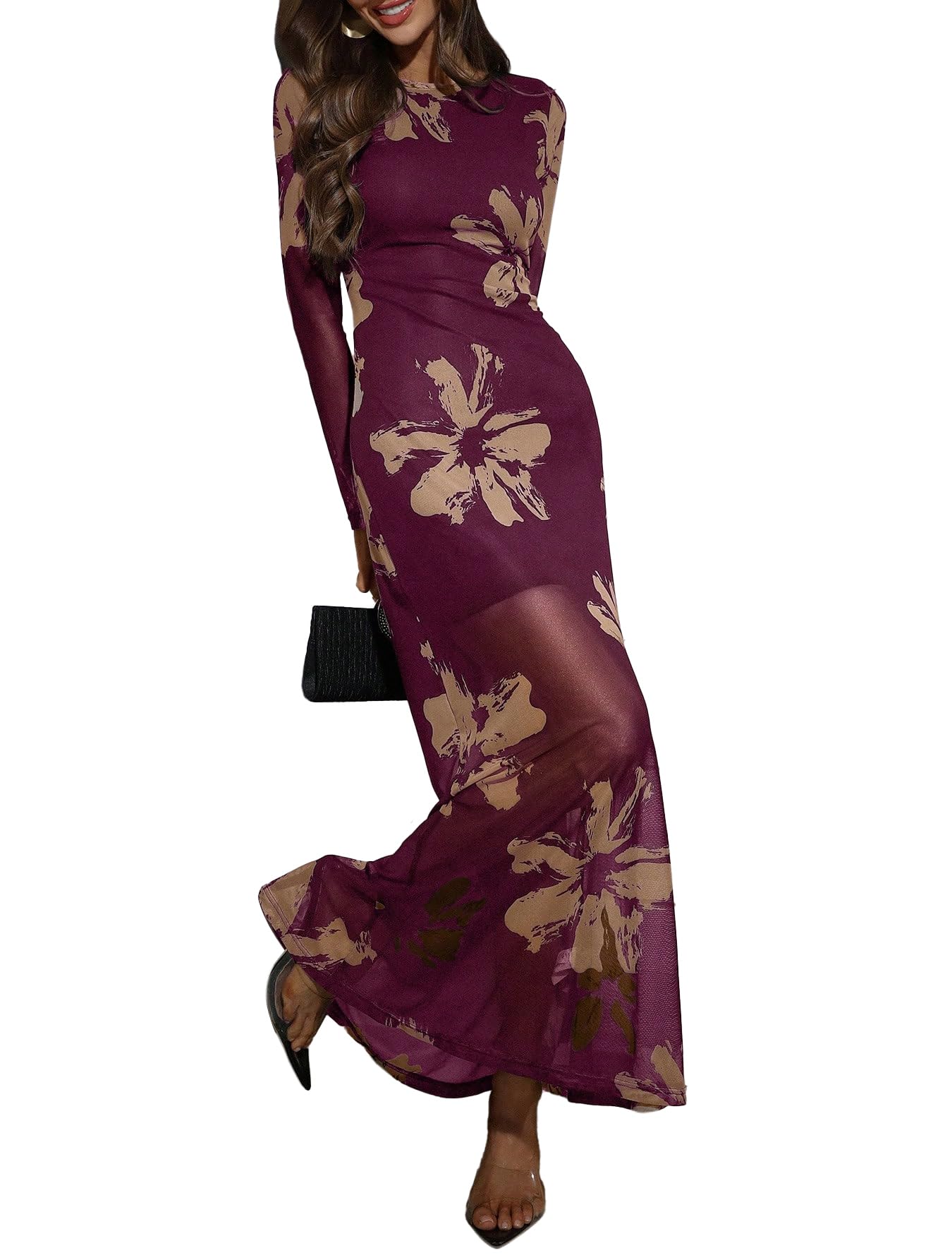 Photo 1 of ***DAMAGE ON INNER LINING***Verdusa Women's Floral Mesh Maxi Dresses Elegant Formal Long Sleeve Spring Wedding Guest Dress Cocktail Wine Red Medium***DAMAGE ON INNER LINING***