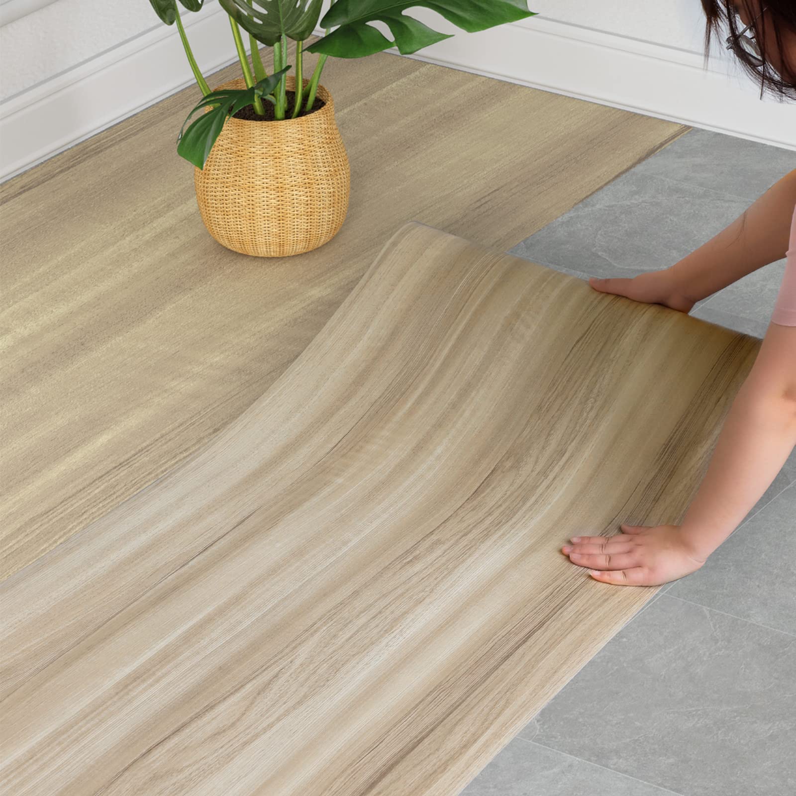 Photo 1 of WIFEA Vinyl Flooring Roll 15.7" x 393.7"/43 Sq.Ft, Wood Grain Self-Adhesive Vinyl Floor Tiles Wear-Resistant and Waterproof for Bedroom, Living Room, Office, Balcony, RV, Beige