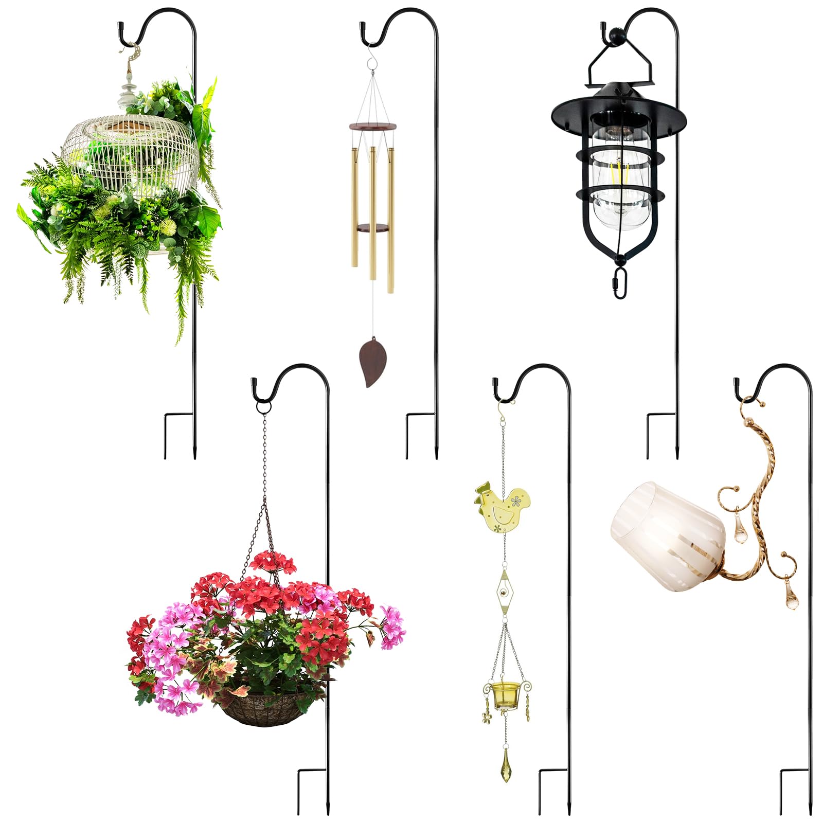 Abaigeal 6 Pack Shepherds Hooks for Garden Lights, 31.7inch / 80.5cm Adjustable Height Shepherds with Base, Metal Garden Border Hooks for Lanterns Lights, Plant Baskets, 4 Section Stitching (Black)