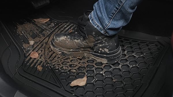 AMAZON BASICS HEAVY DUTY THICK PVC CAR FLOOR MATS, ANTI-SLIP, EASY TO CLEAN, UNIVERSAL TRIM-TO-FIT ALL-WEATHER FOR AUTOMOTIVE SUV SEDANS TRUCKS, 4-PIECE, SOLID BLACK