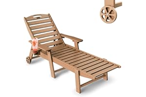 SUUNYN Lounge Chair Outdoor, Chaise Lounge, HDPE 6-Position Outdoor Chaise Lounge, Patio Lounge Chair with Wheels & Cup Holder for Pool Poolside Deck Backyard, Teak