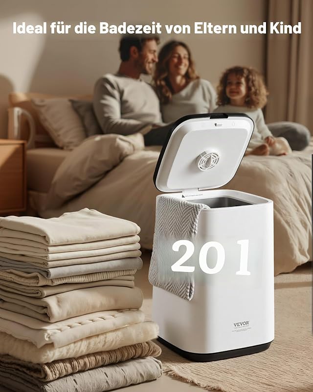 20 L Handtuchwärmer mit LED-Bildschirm und U-förmiger Kontrollleuchte, Handtuch Wärmegerät mit einstellbarem Timer für Badezimmer, Bademantel, Decke und Pyjama, automatische Abschaltung, weiß