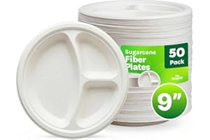 Wrapley 9-Inch Compostable Paper Plates, 3 Compartment Plates Disposable, Sugarcane Bagasse Biodegradeable White Dessert Plat