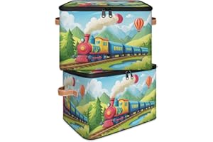 Ourtheme Cute Cartoon Train Large Storage Basket with Zipper Lid Foldable Storage Boxes Home Organizer Bin for Clothes Living