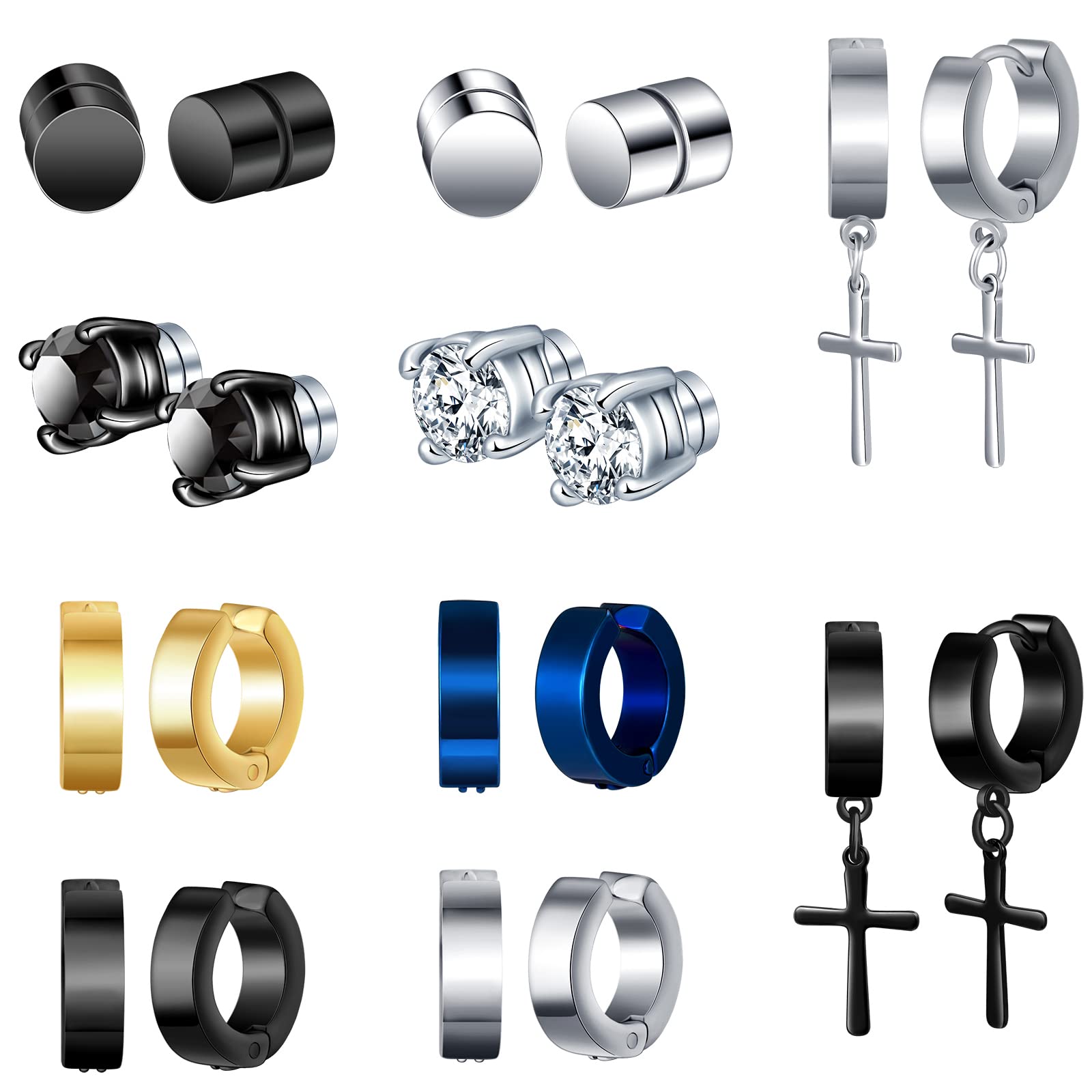 MicVivien 10 Pairs Magnetic Stud Earrings Non Pierced Stainless Steel Cross Dangle Earrings CZ Round Magnet Earrings Clip On Huggie Hoop Earrings Set