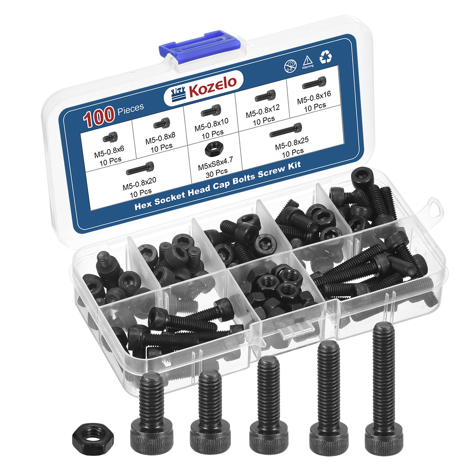 Kozelo 100pcs M5 Socket Head Cap Screws Bolts Nut Assortment Kit - [M5x6/8/10/12/16/20/25mm] Alloy Steel Fully Threaded Black Oxide 12.9 Internal Hex Screw for 3D Printer Use, with Wrench