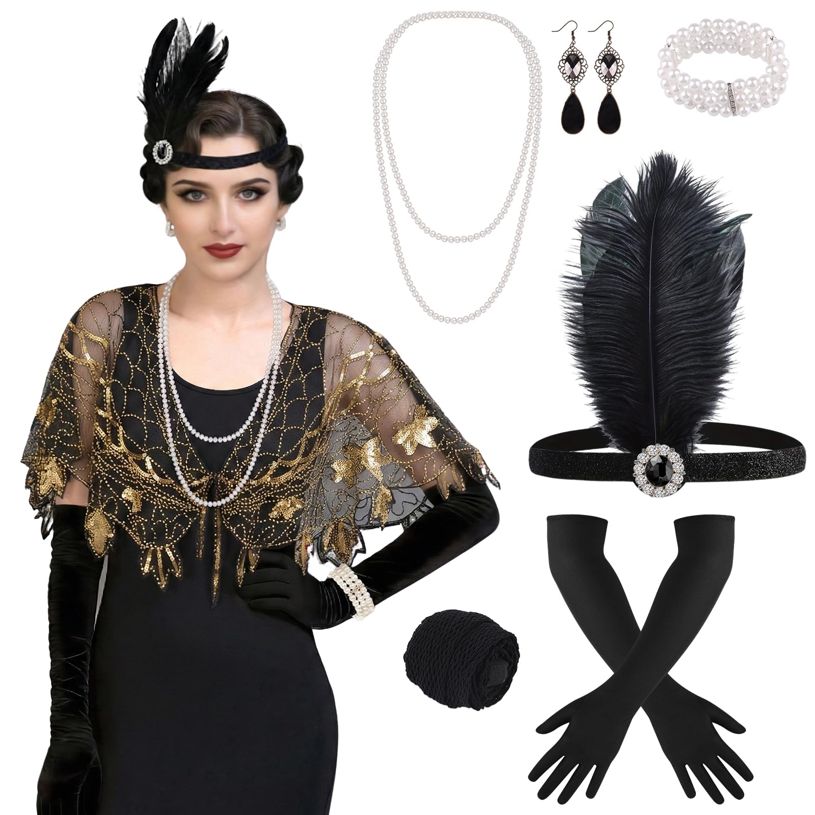ELECLAND 10 Pieces 1920s Flapper Great Gatsby Accessories Set Fashion Roaring 20's Theme Set with Headband Headpiece Long Black Gloves Necklace Earrings for Women (Black Gold (Style 8))
