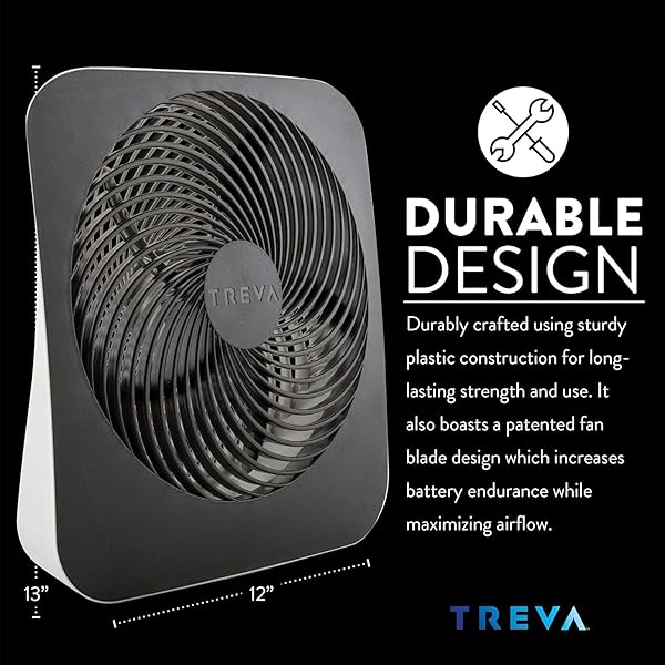 TREVA 10-INCH PORTABLE FAN, POWERED BY BATTERY AND/OR AC ADAPTER – DESK FAN AIR CIRCULATING WITH 2 COOLING SPEEDS FOR PERSONAL AND TRAVEL USE (BLACK) (OOS)