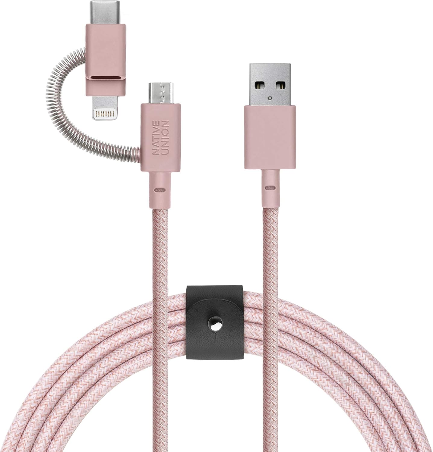 Native Union Belt Cable Universal - 6.5ft Ultra-Strong Reinforced [Apple MFi Certified] Durable Charging Cable with 3-in-1 Adaptor for Lightning, USB-C and Micro-USB Devices (Rose)