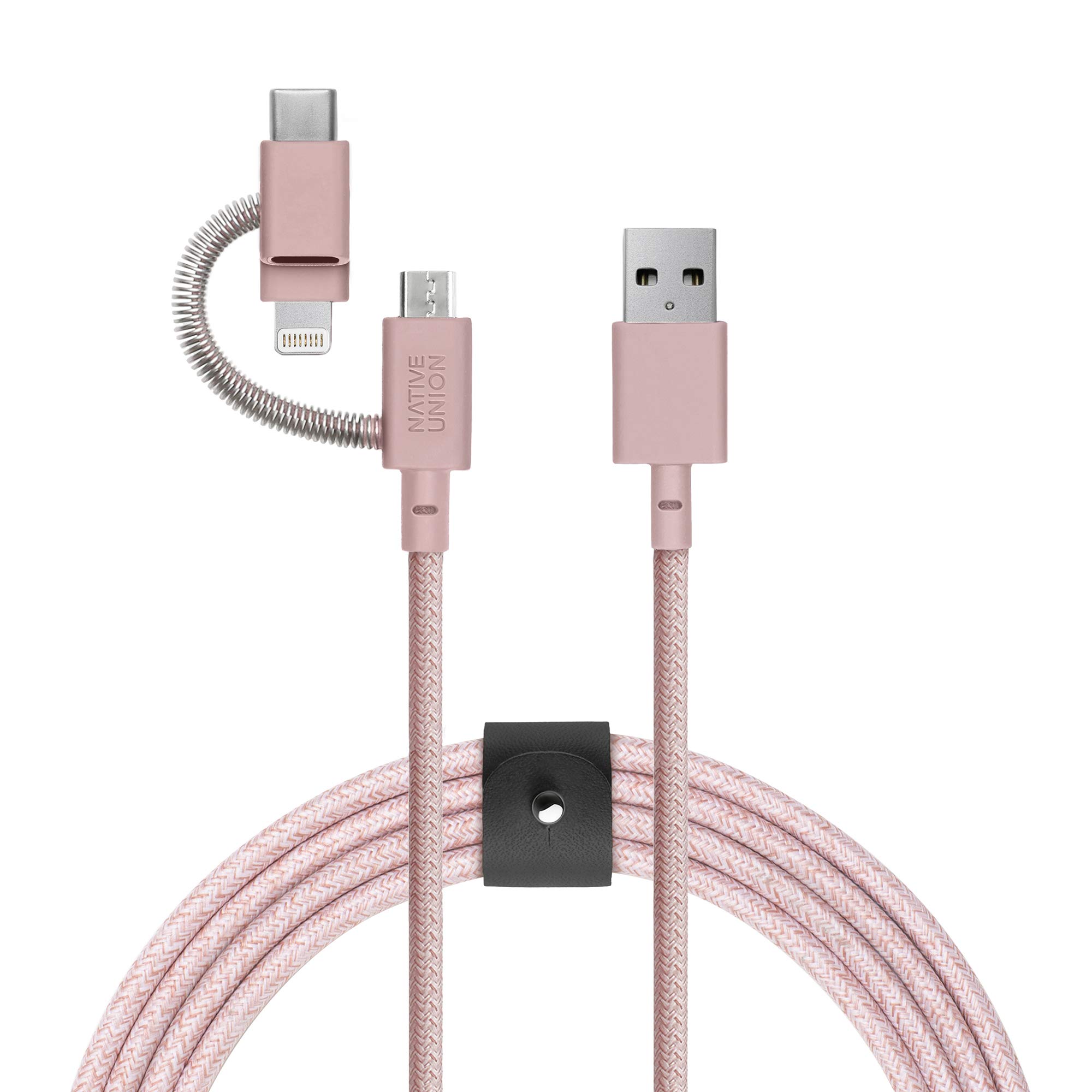Native Union Belt Cable Universal - 2m (6.5ft) Ultra-Strong Reinforced [MFi Certified] Durable Charging Cable with 3-in-1 Adaptor for Lightning, USB-C and Micro-USB Devices (Rose)