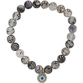 T. VICTORIA - Grey Dragon Vein Agate Evil Eye Protection Charm Beaded Healing Crystal Gemstone Stretch Bracelet 7"