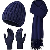 Winter Hat Beanie Long Scarf Touchscreen Gloves Set, 3Pcs Soft Thick Fleece Lined Gloves Skull Cap Scarf Set for Women Men