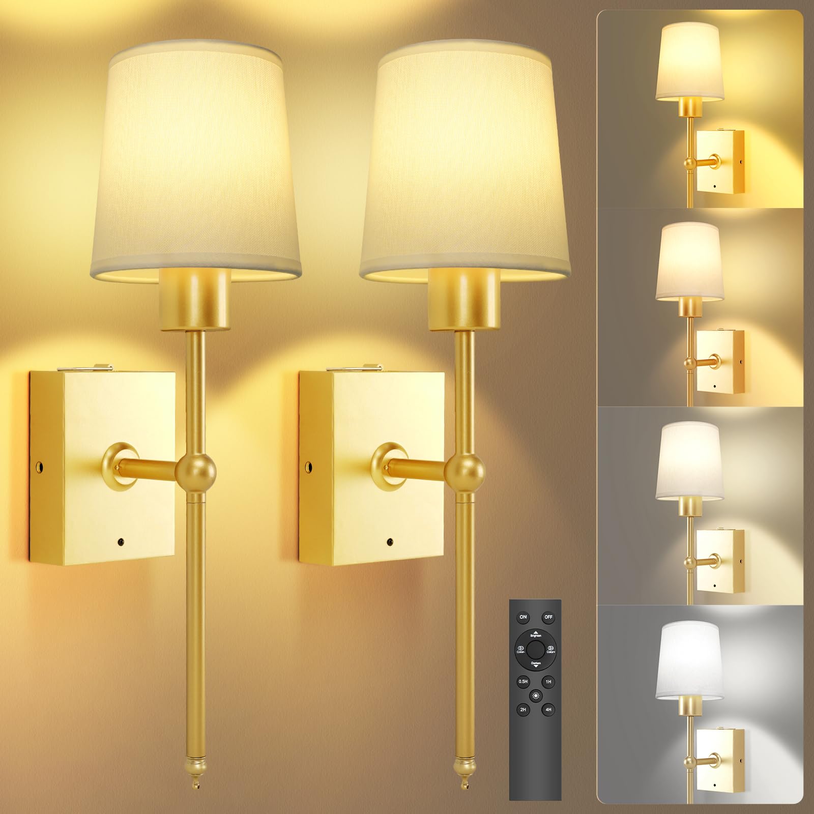 Photo 1 of Battery Operated Wall Sconce Set of 2, Rechargeable Wall Lights with Remote, 5000mAh Wireless Wall Sconce Battery Powered Wall Lamp for Bedroom Living Room Hallway Bathroom, Gold