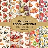 Delicious Food Patterns Scrapbook Paper: 20 Double-Sided Mouth-Watering Designs Featuring Fruits, Desserts, Baked Goods, Food Illustrations for Junk ... Card Making, Collage &amp; DIY Crafts (Craft Pad)