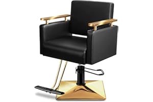 Baasha Luxury Gold Salon Chair with Memory Foam Cushioning Seat & Back, Hair Salon Chair with Stainless Steel Armrest, 360° Swivel Styling Chair, Weight Capacity Up to 440 lbs - Black & Gold