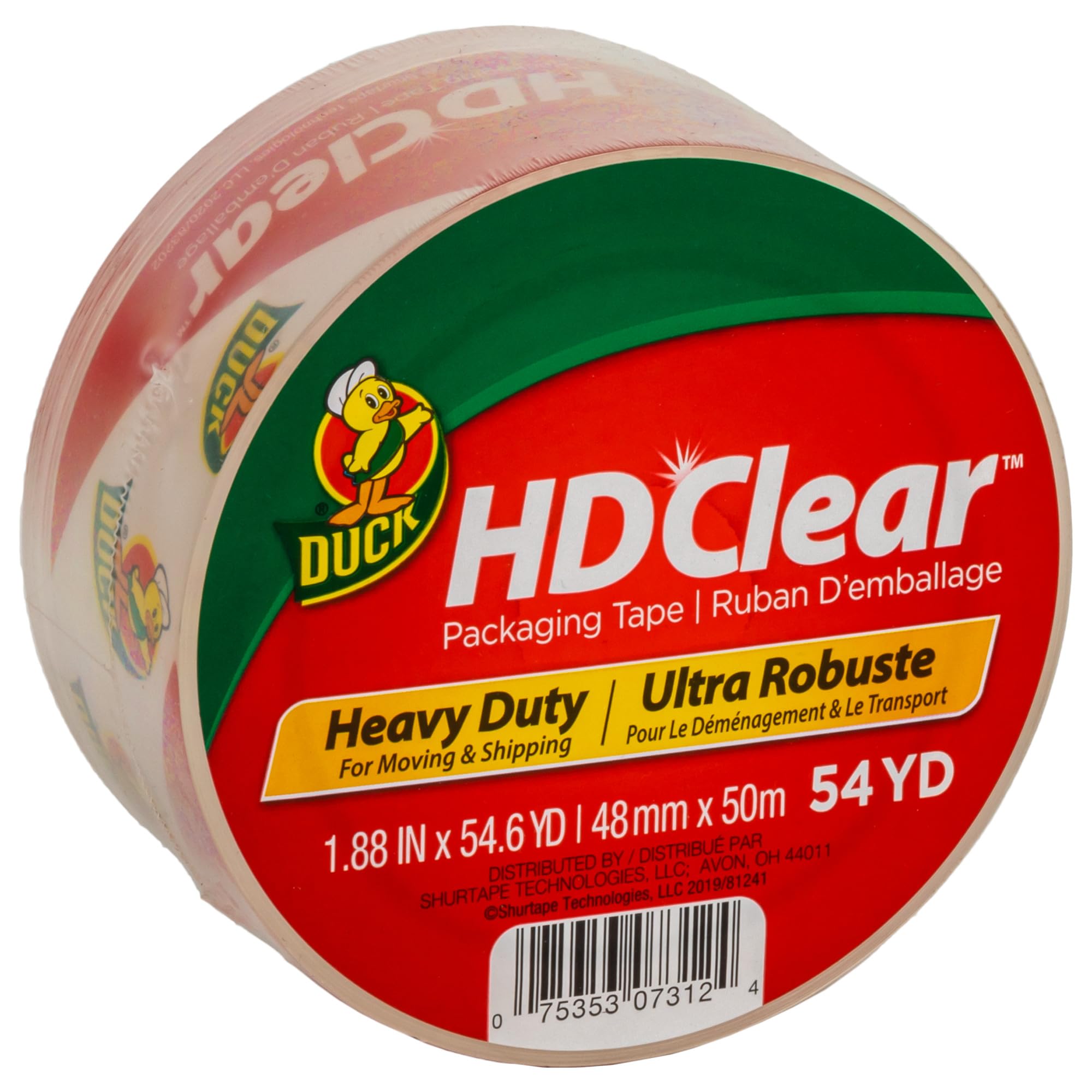 Duck HD Clear Packing Tape - 1 Roll of Heavy Duty Shipping and Moving Packing Tape - Clear Strong Packaging Tape for Boxes, Packing and Moving Supplies - 1.88 In. x 54.6 Yards (297438)
