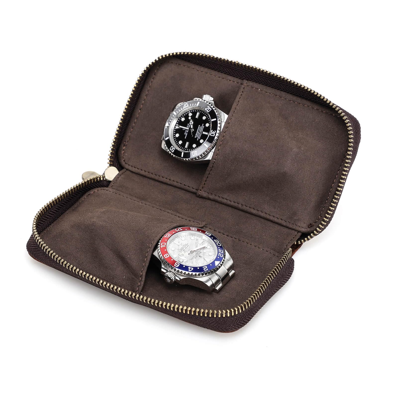 Photo 1 of Hiram Watch Bracelet Storage Bag Case Leather 2 Pieces, Portable Travel Watch Genuine Leather Pouch, Watch Bag Leather for Couple Watches 2 Pieces(Coffee)