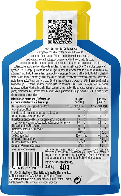 Energy Up Gel Cafeína Sabor a Limão com Sódio Plus, Immediate Energy, 40 G, Pack de 24