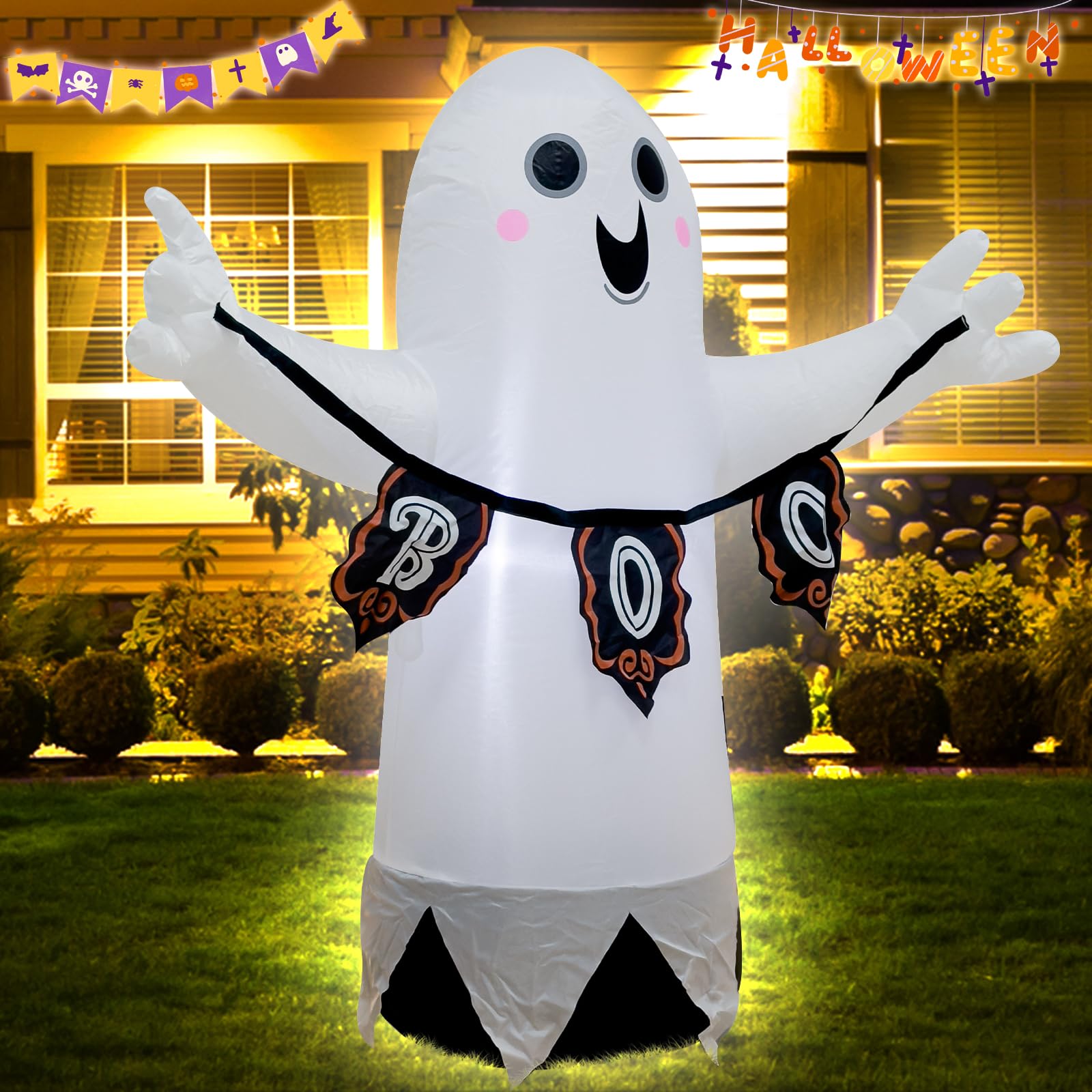 Photo 1 of 3.5FT White Ghost Halloween Inflatable Decor Halloween Blow Up Decor with LED Light Indoor Outdoor Graden Yard Party Holiday Decoration