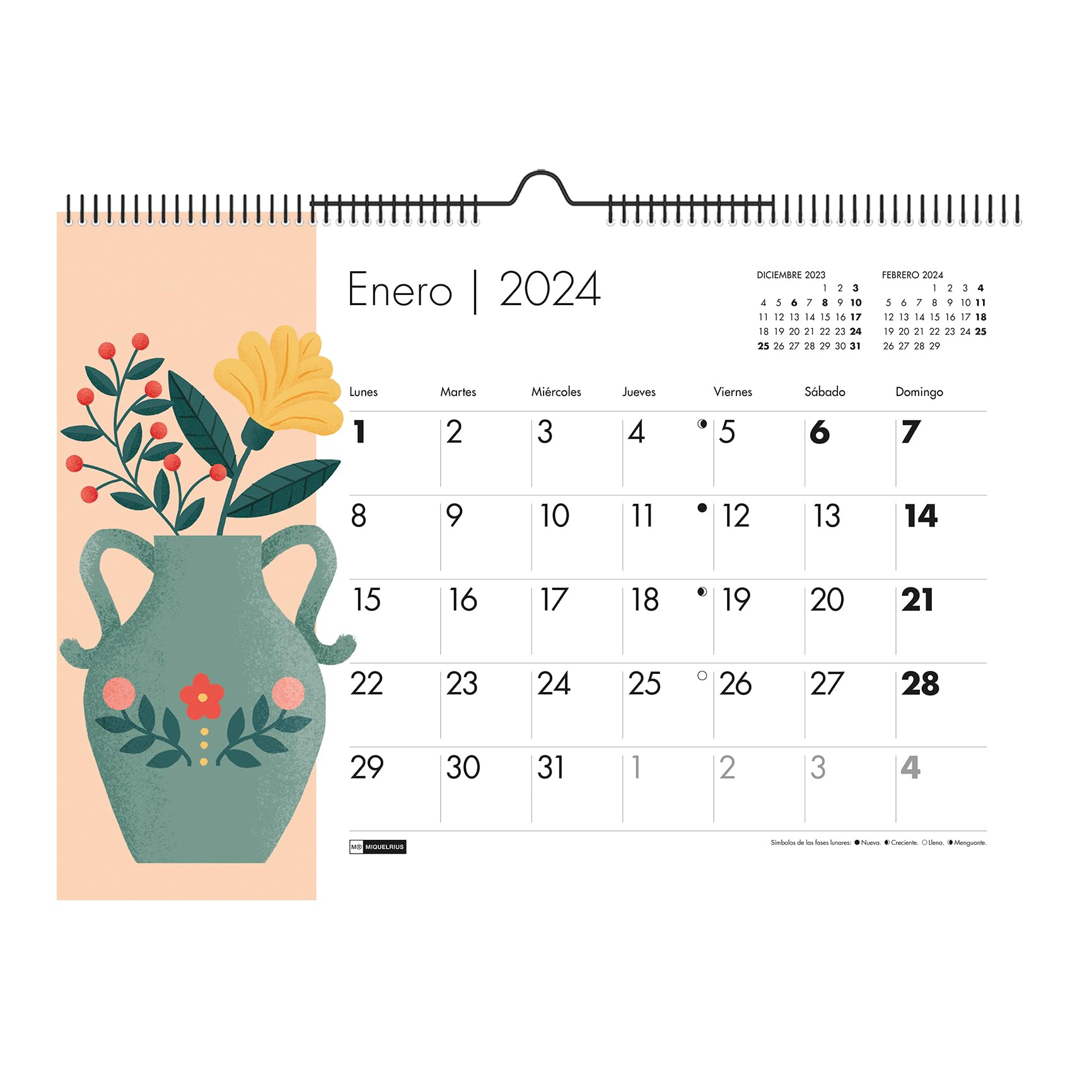 Miquelrius - Wall Calendar 2024, A3 Size: 420 x 296 mm, With Room to Note, Double Spiral Binding, Spanish, Peony Rose Design, Vases