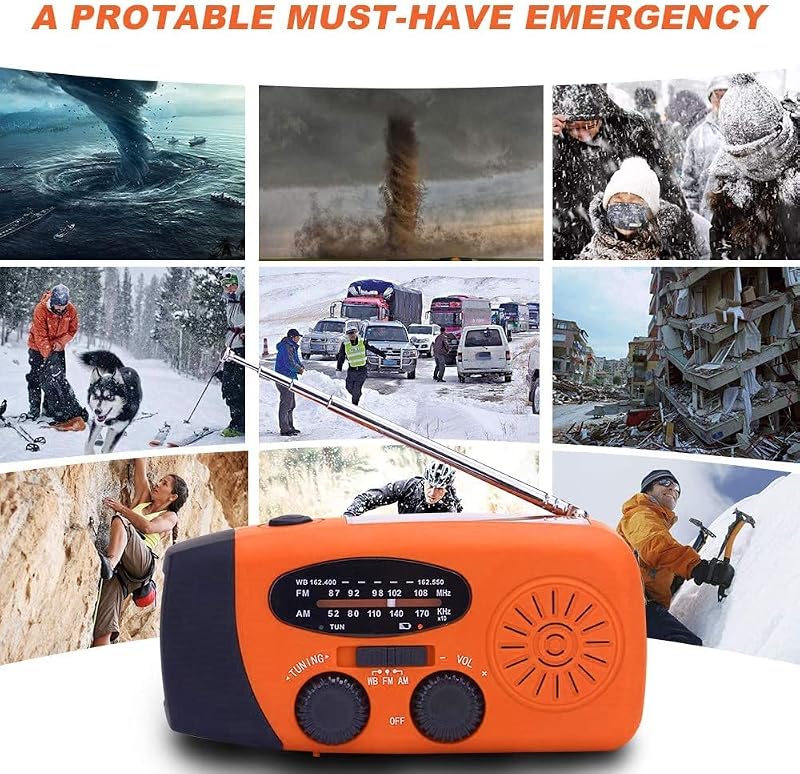 Solar Radio, Tragbar Kurbelradio Dynamo Radio mit AM/FM, Notfall Radio mit Kurbel, 2000mAh Wiederaufladbare Powerbank,LED Taschenlampe,USB-Handy-Lader für Camping Ourdoor orangefarben