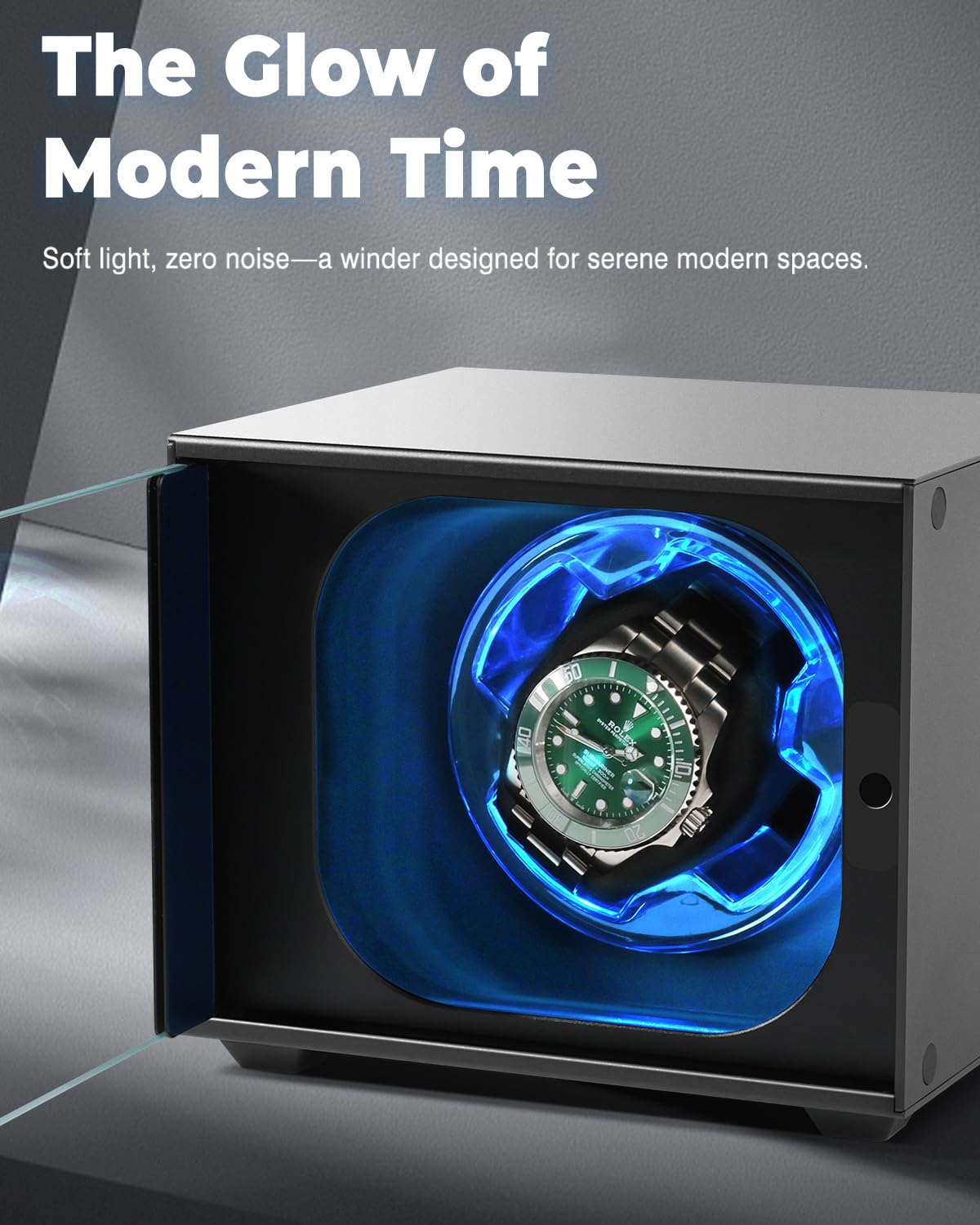 Watch Winder, Aluminum Single Automatic Watch Winder with Ultra Quiet Motor(≈0dB),Self-Winding Metal Watch Winder for Rolex and More,Blue Light,Side Open Glass Door,Gift for Watch Lovers