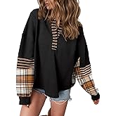 Ardrem Women Color Block Waffle Knit Long Sleeve Shirts Button Up V Neck Sweatshirts Plaid Pullover Tops