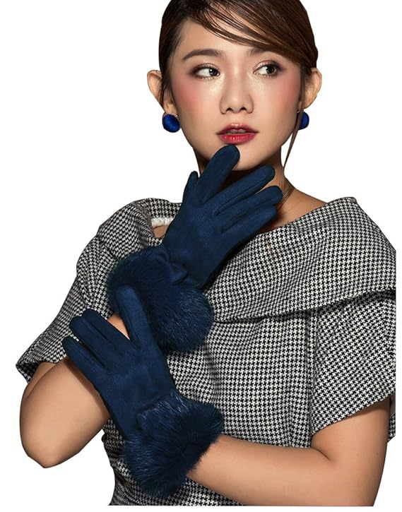 HYSENM Damen Handschuhe Lederhandschuhe Sämischleder mit Kaninfell Schleife Touchscreen verschiedene Farben
