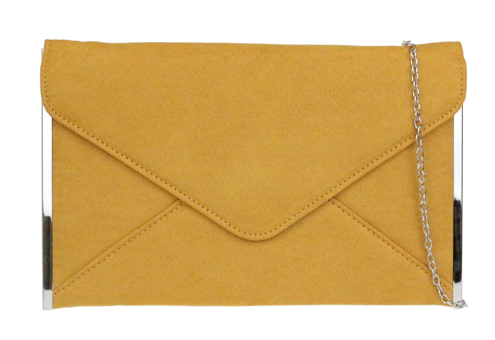 Girly Handbags Womens Faux Suede Clutch Bag Envelope Plain Sides Frame Wedding Prom (Mustard)